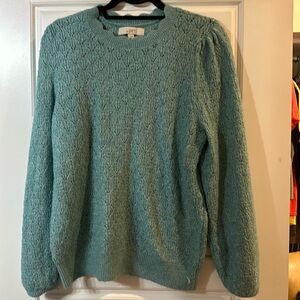 Green Loft sweater with scalloped neck and sleeves
